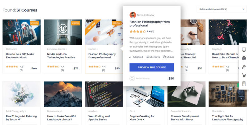 Course listing on home page of online course website design